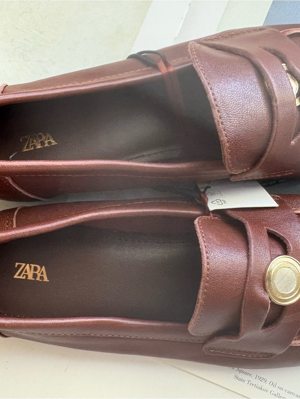 ZARA Brown Leather Penny Loafers with Gold Button
